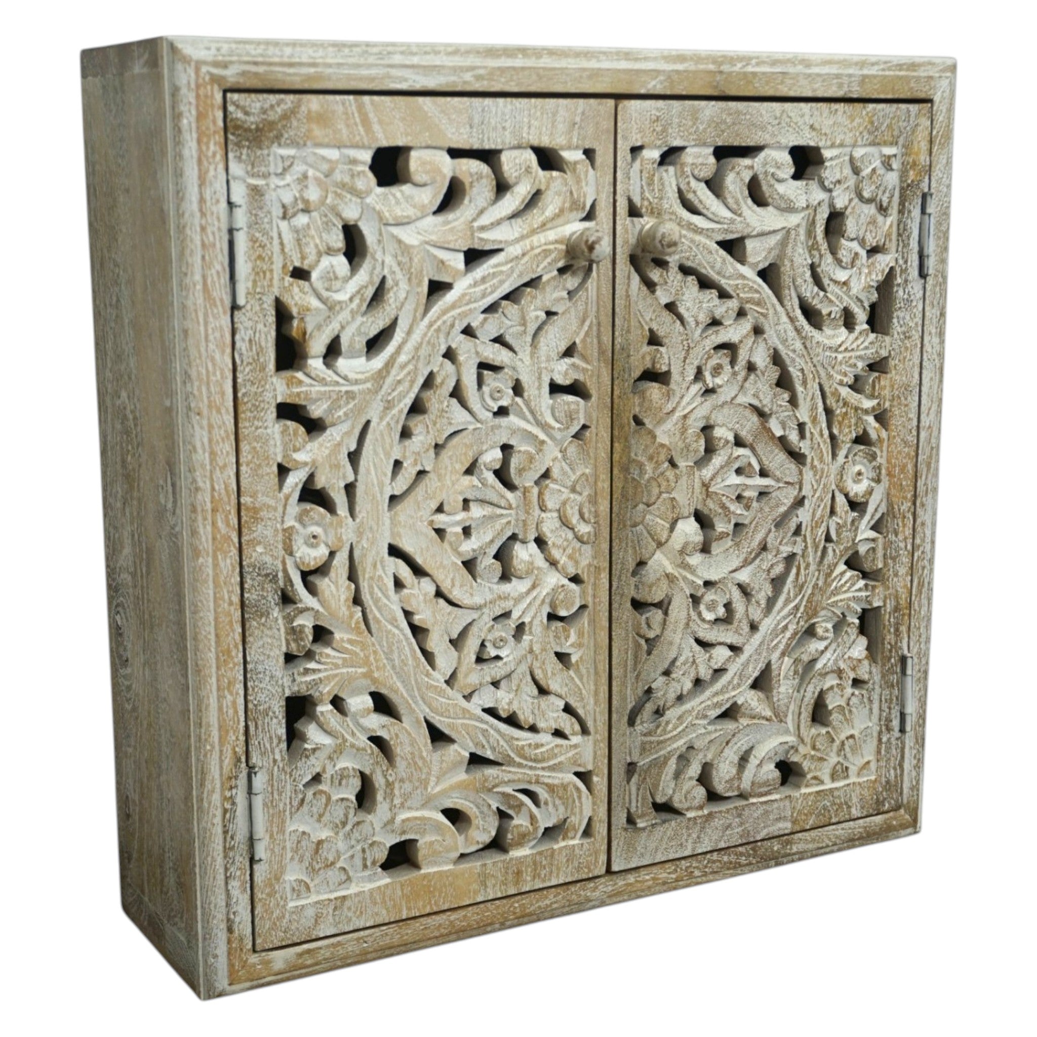 Handcrafted Mango Wood Bathroom Medicine Cabinet | Hand-Carved Cutout Doors