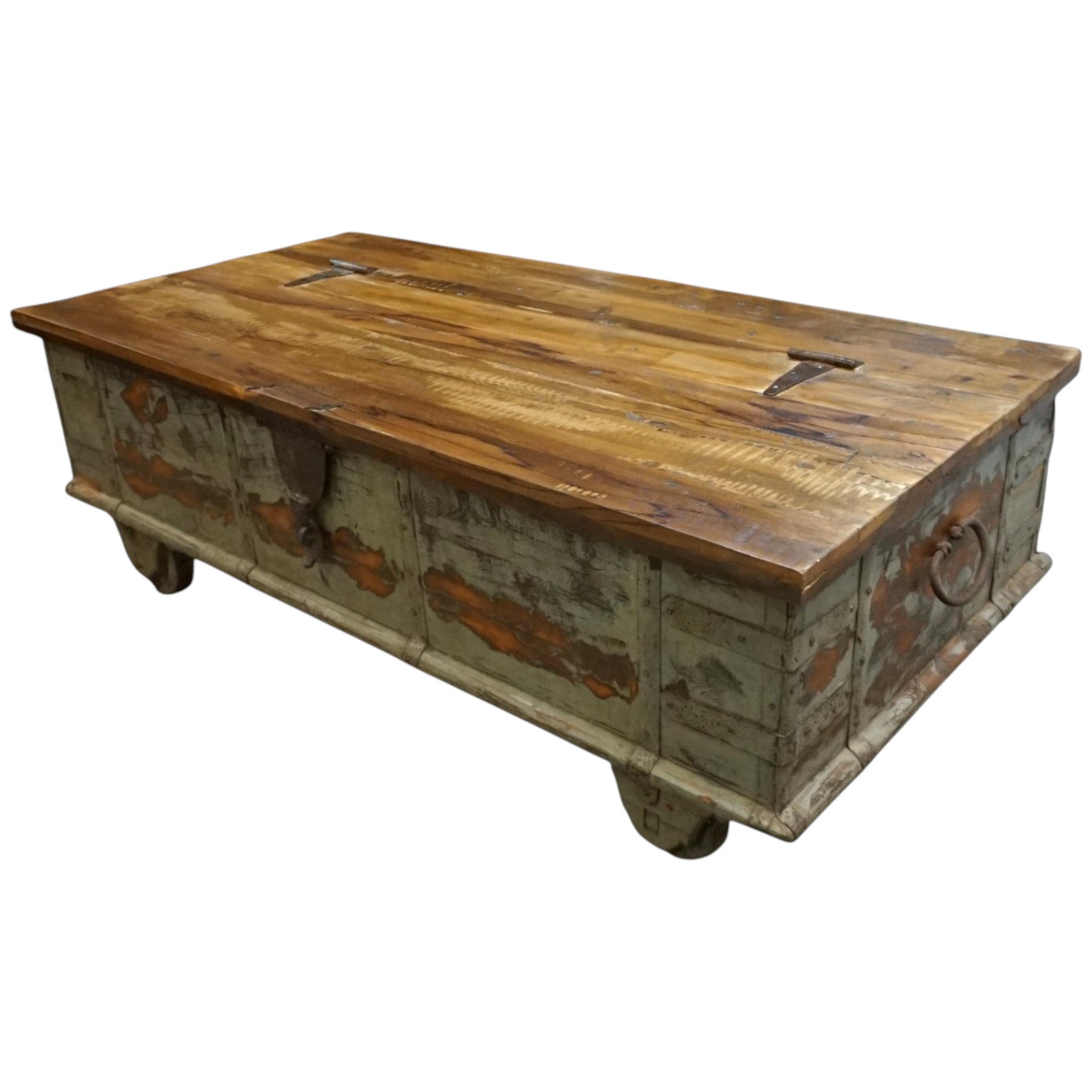 Handcrafted Large Reclaimed Wood Trunk Coffee Table | Storage & Wooden Wheels