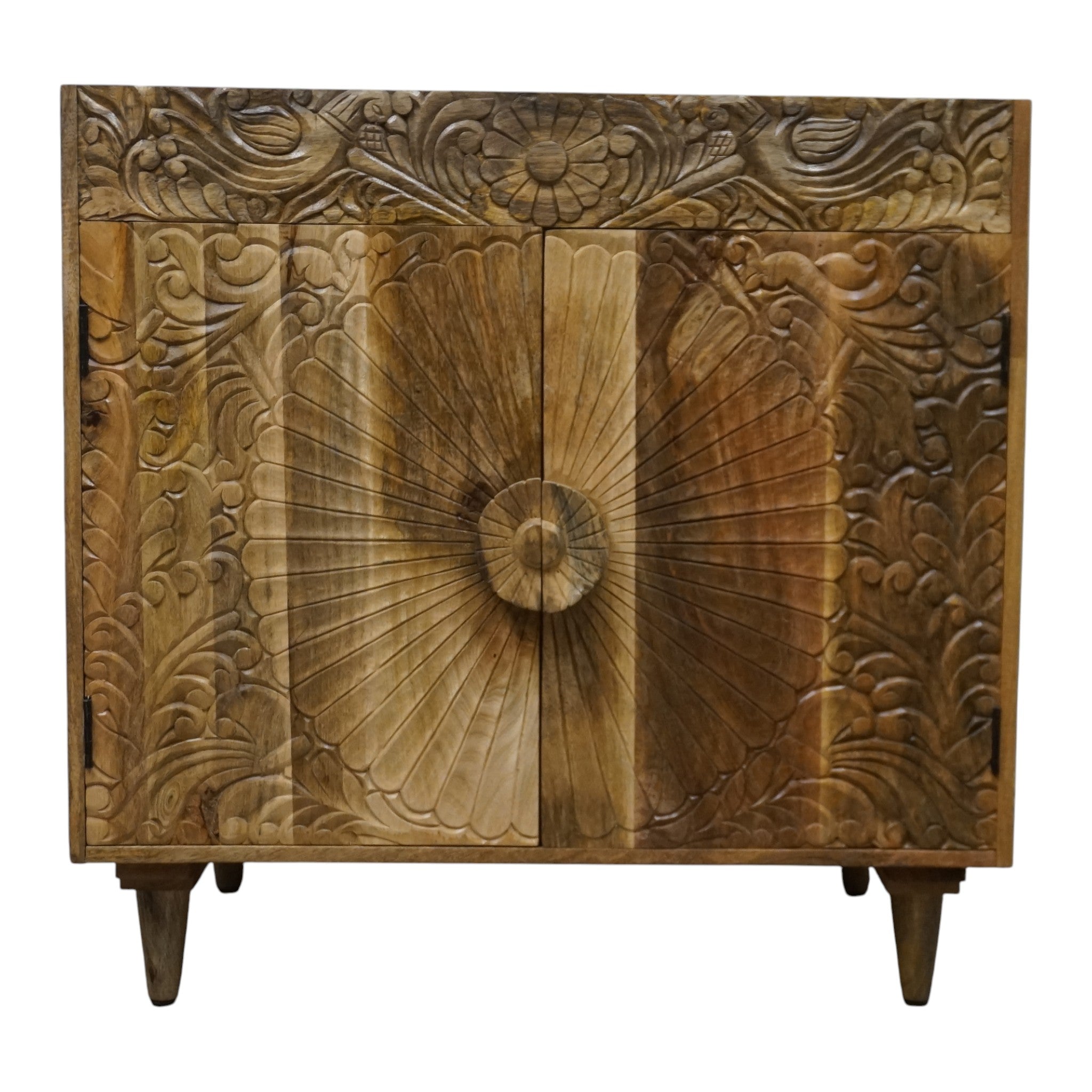Natural Wood Bathroom Vanity Hand-Carved with Marble Top and Basin