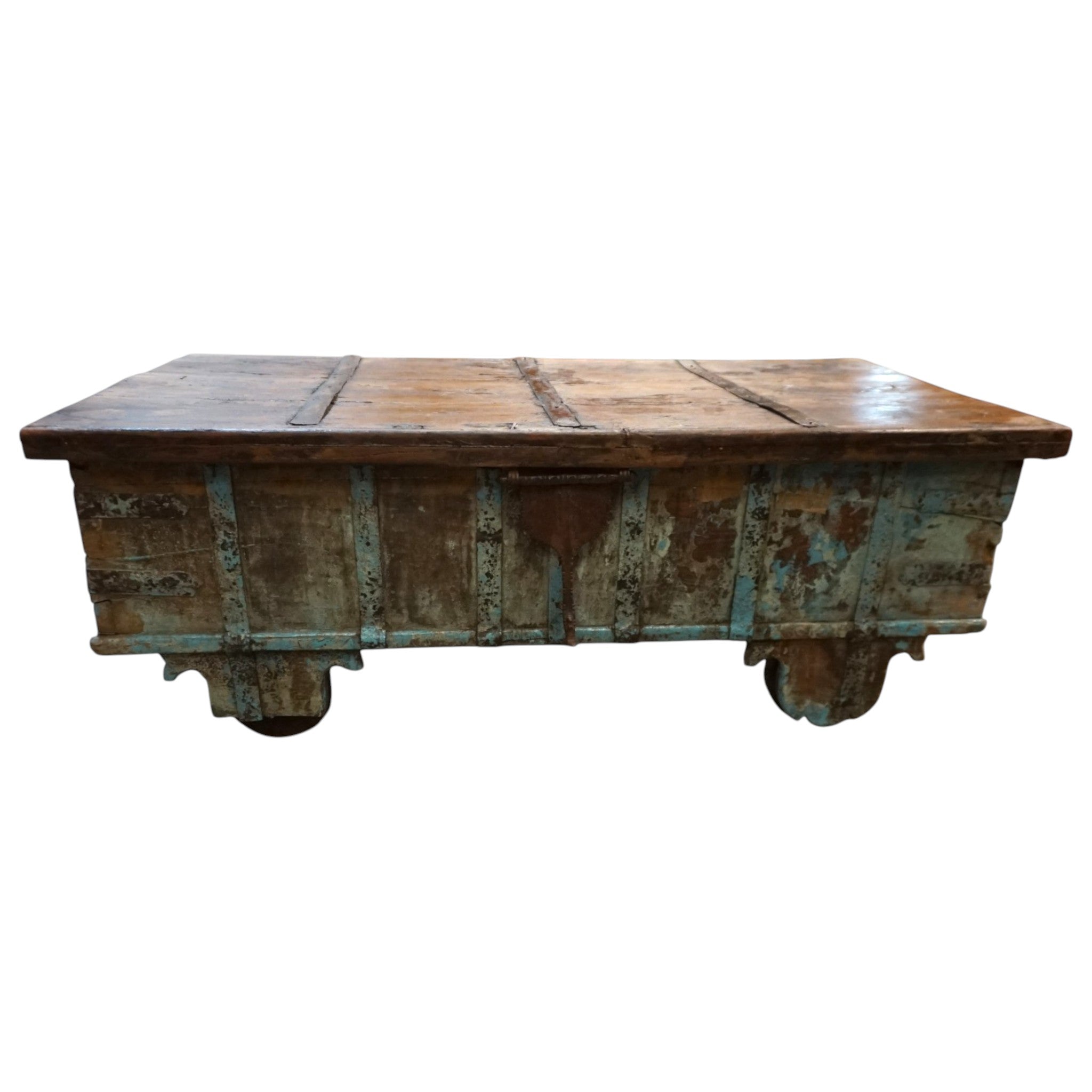 Handcrafted Large Reclaimed Wood Trunk Coffee Table | Storage & Wooden Wheels