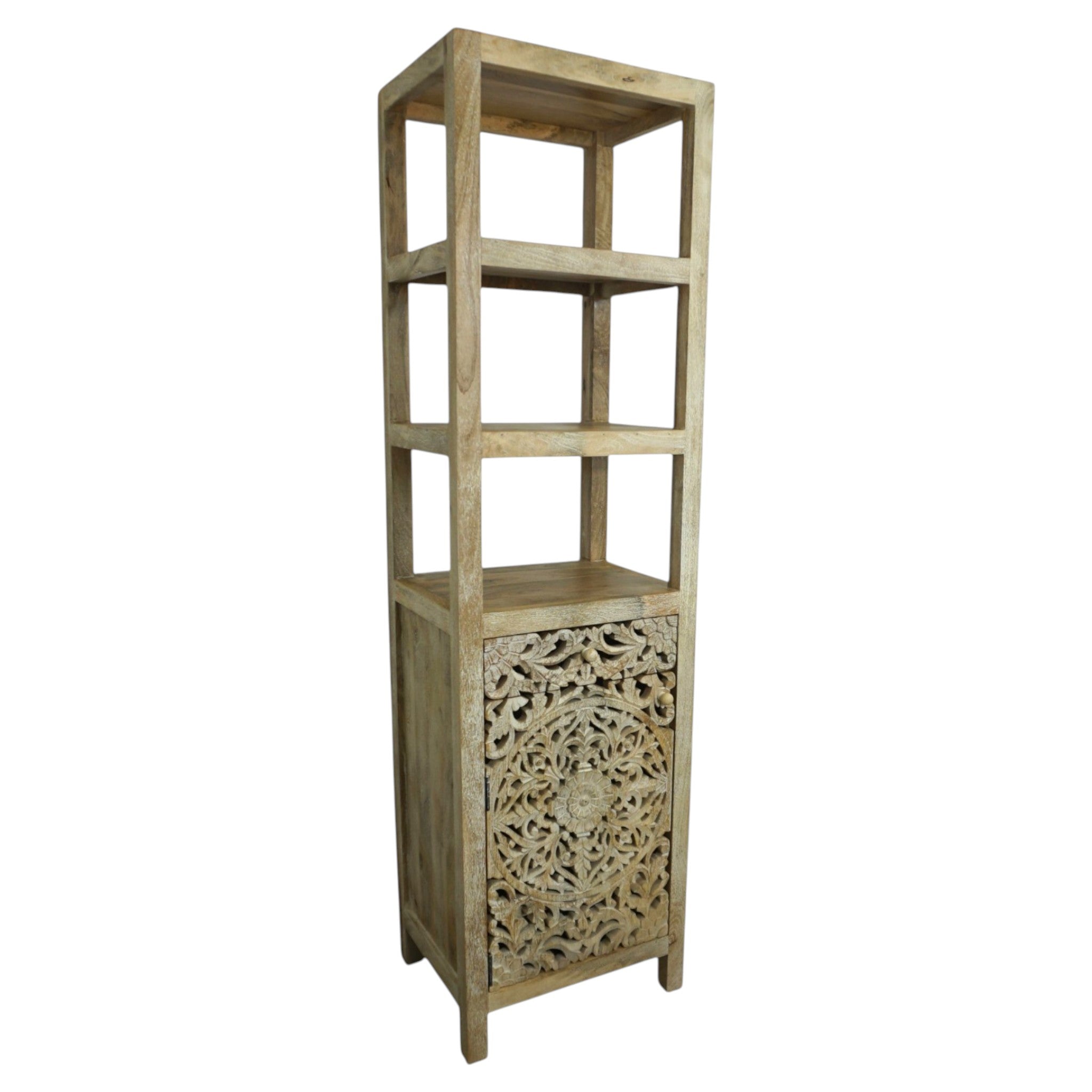 Handcrafted Mango Wood Linen Tower Cabinet | Hand-Carved Cutout Doors