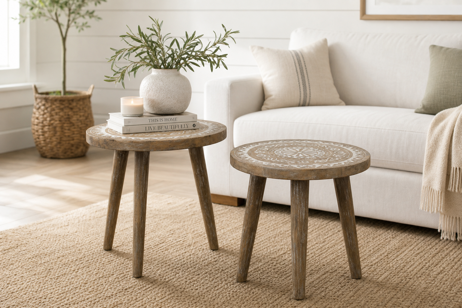 Handcrafted Solid Mango Wood Accent Table Set of Two | Tapered Legs & Natural Grain