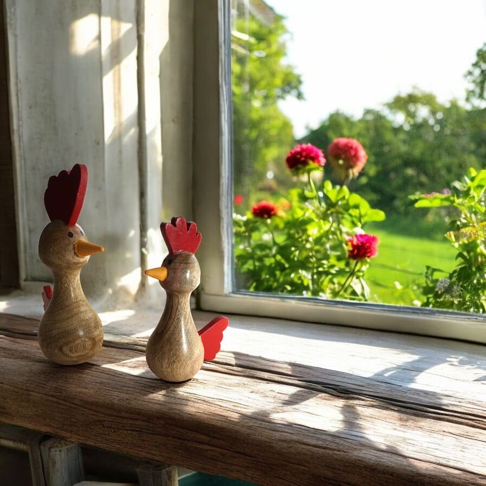 Hand-crafted Set of Two Wooden Chickens image 0