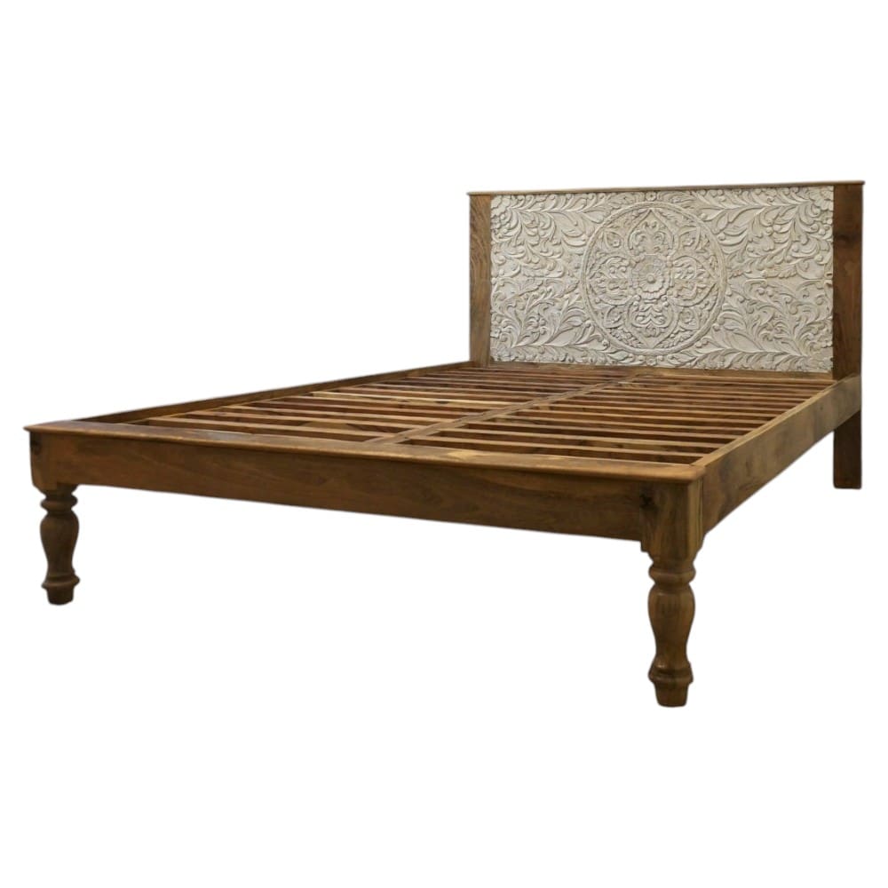 Hand-Carved King Bedframe Natural Whitewash Floral image 2