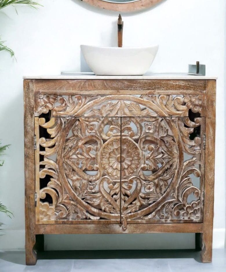 Natural Wood Vanity Gorgeous Hand-carved Detail Timeless Style - Base+Marble-Top+Basin image