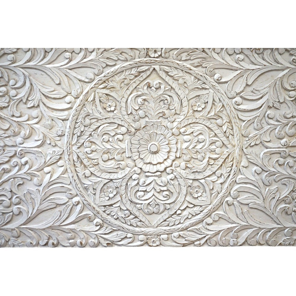 Hand-Carved Queen Bedframe Natural Whitewashed Floral image 8