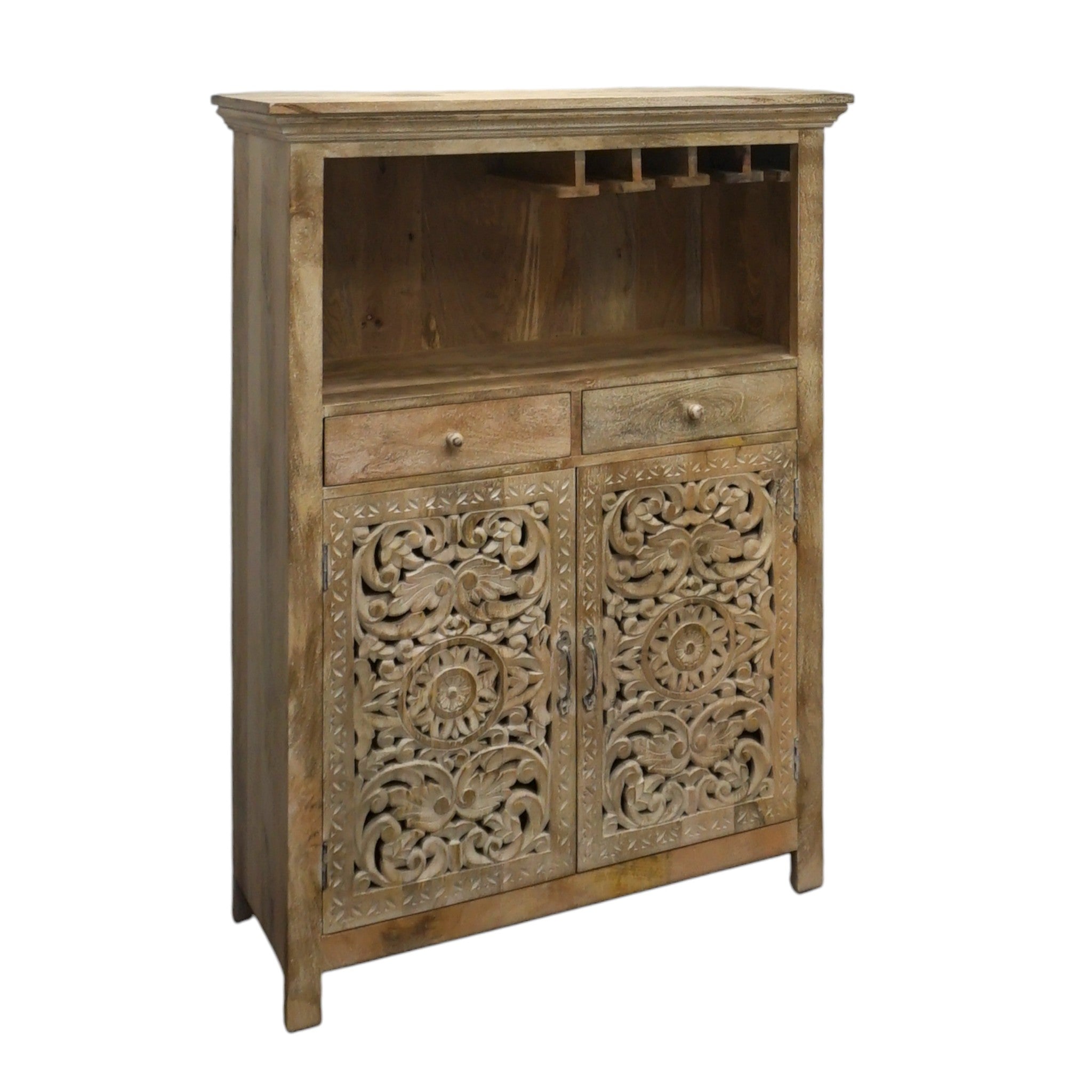 Hand-carved Mango Wood Bar Cabinet