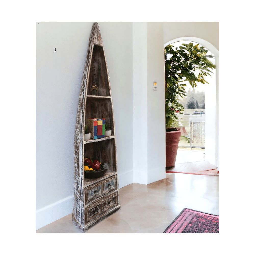 Whitewashed Boat Bookcase with Drawers Hand-crafted image 0
