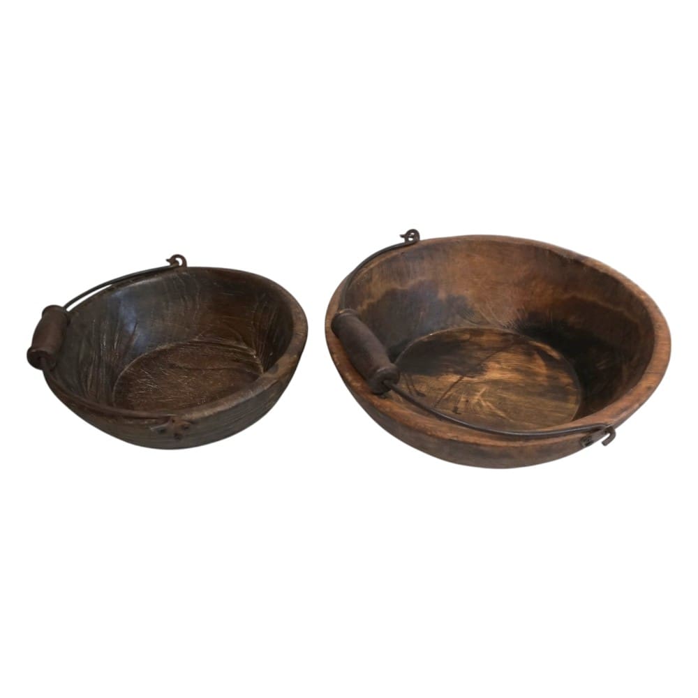 Vintage Wooden Bowls with a Handle Set of 2 image 6