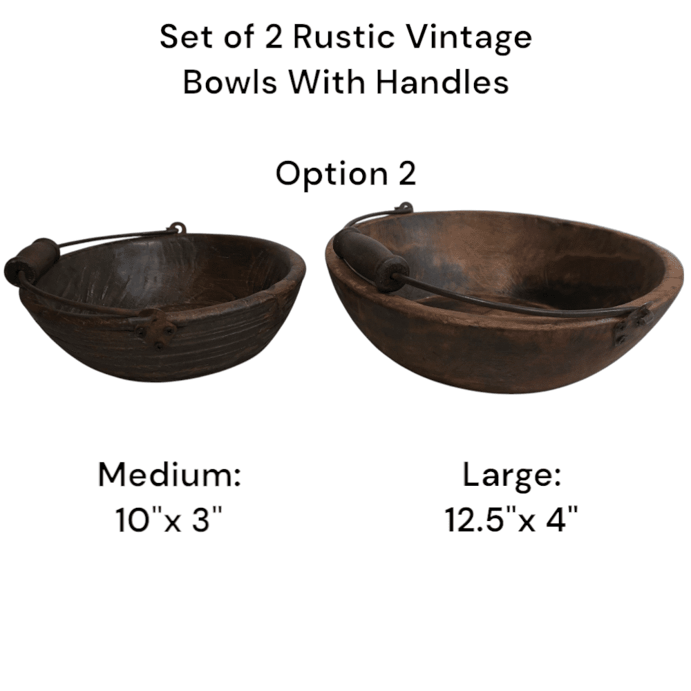 Vintage Wooden Bowls with a Handle Set of 2 image 5