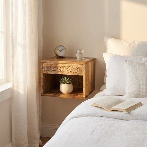 Hand Carved Mango Wood Floating Nightstand Natural Wood image 0