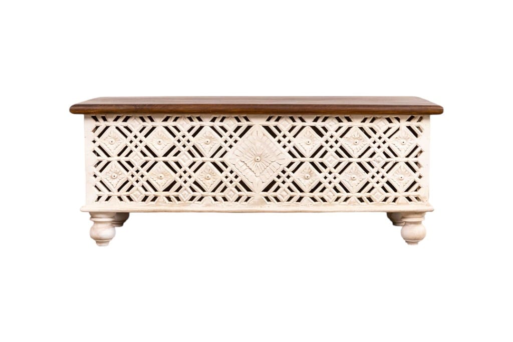 Hand-Carved Geometric Cut-Out Bench Trunk image 1