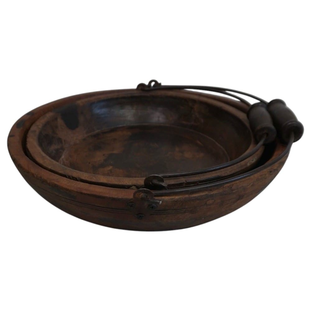 Vintage Wooden Bowls with a Handle Set of 2 image 11