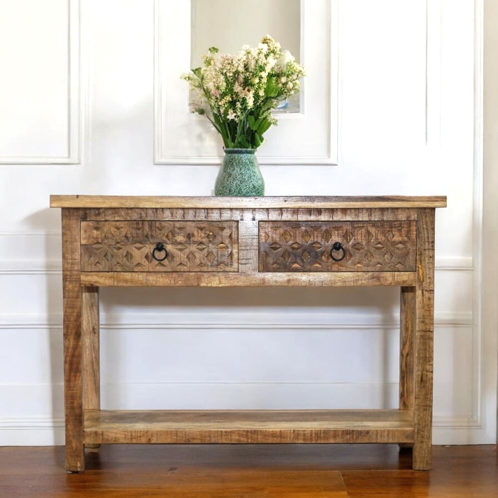 Natural Wood Console Table with 2 Drawers Hand-Crafted image 0