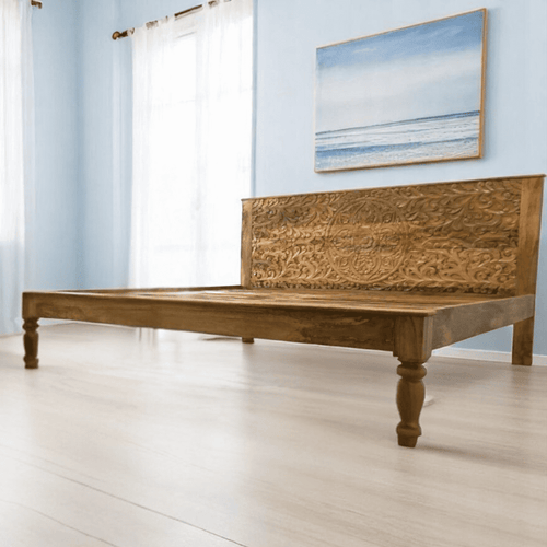 Hand-Carved King Bedframe Natural Floral image 0
