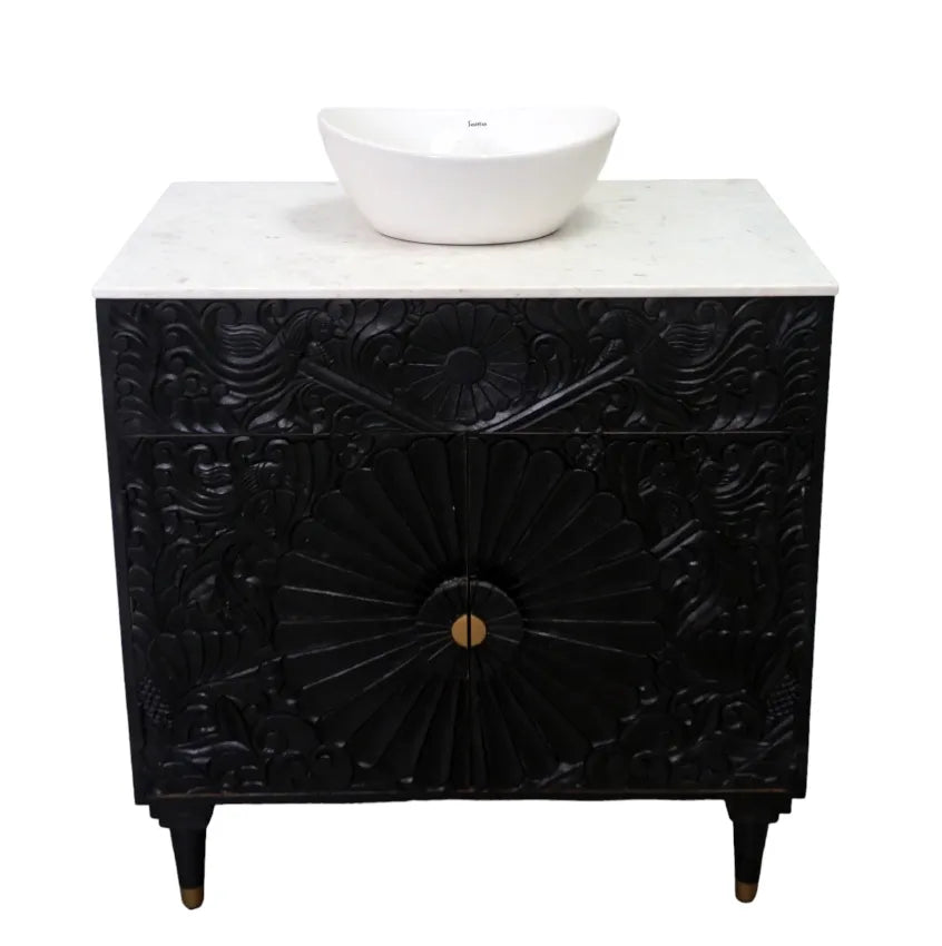 Black Bathroom Vanity Hand-Carved with Marble Top and Basin image 7