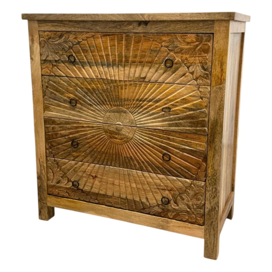 Hand-Carved Mango Wood 4-Drawer Dresser | Natural Finish & Hand-Carved  Detail