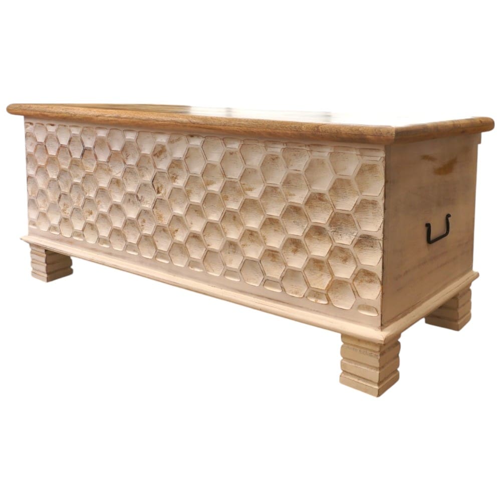 Hand-carved Large Solid Wood Bench Trunk Honeycomb Design image 3
