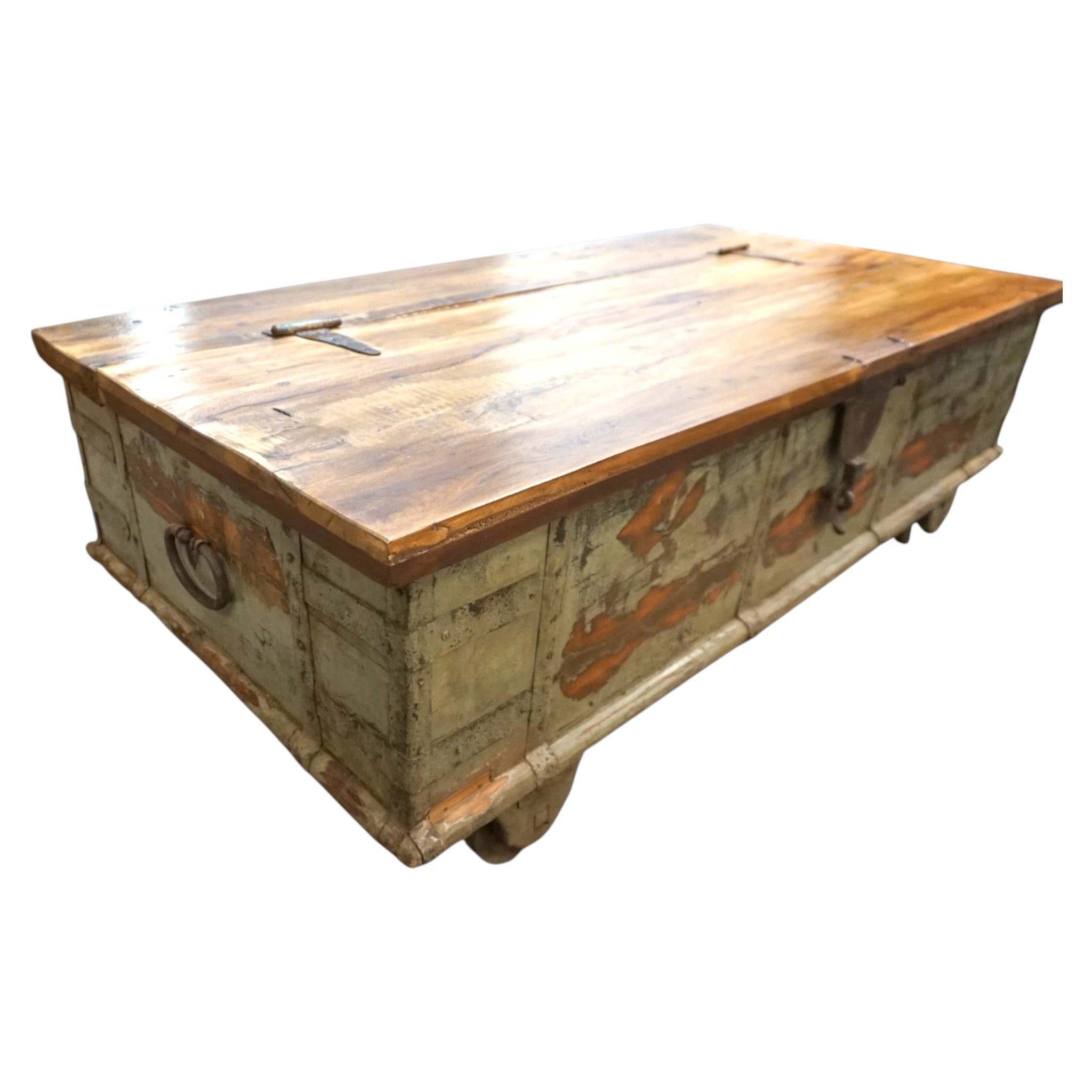 Handcrafted Large Reclaimed Wood Trunk Coffee Table | Storage & Wooden Wheels