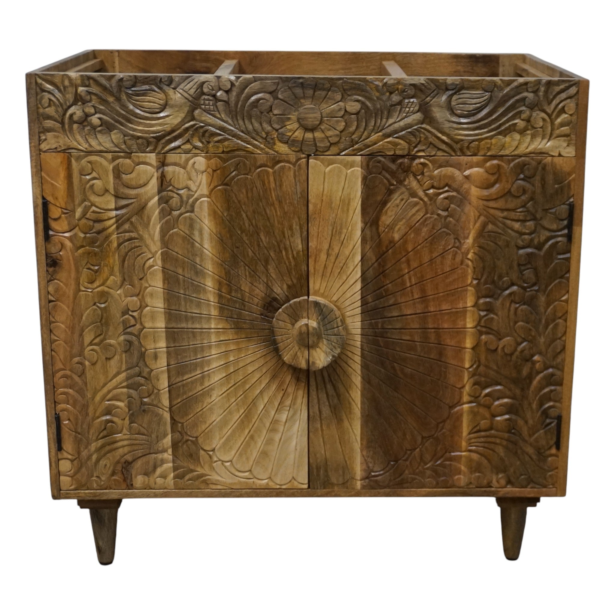 Natural Wood Bathroom Vanity Hand-Carved with Marble Top and Basin