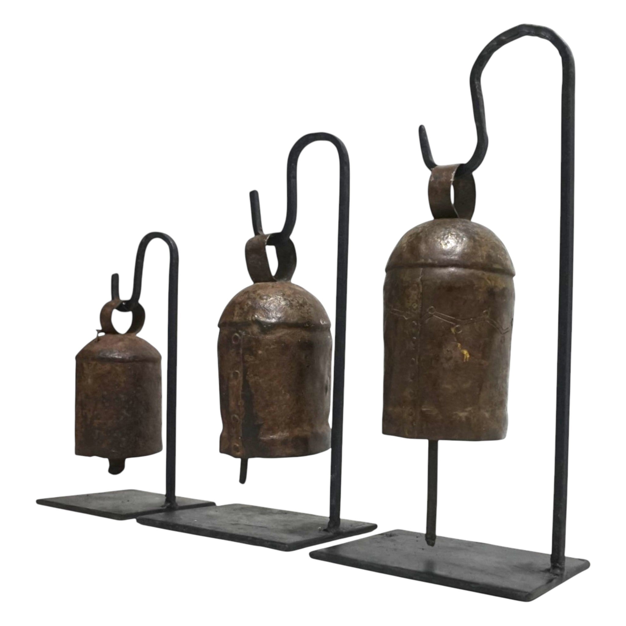 Handcrafted Set of 3 Vintage Bells on Iron Stands | Rustic & Artisan Home Decor