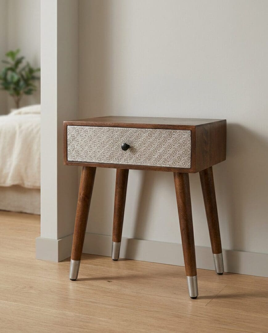 Hand Crafted Solid Wood Side Table with Metal Embossed Drawer image 2