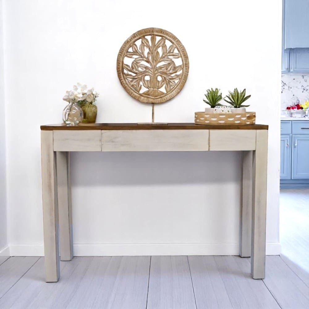 Mango Wood Console Table with Hidden Drawer Whitewashed image 9