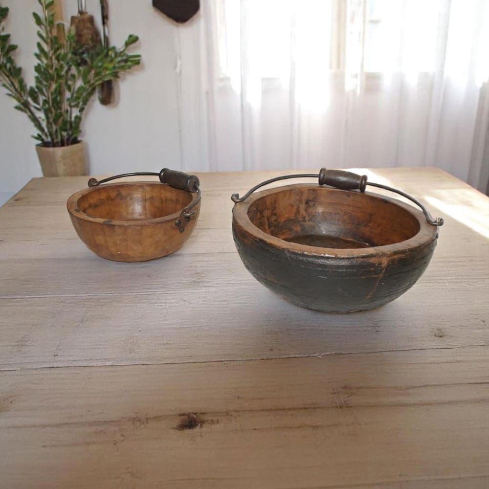 Vintage Wooden Bowls with a Handle Set of 2 - 6 image