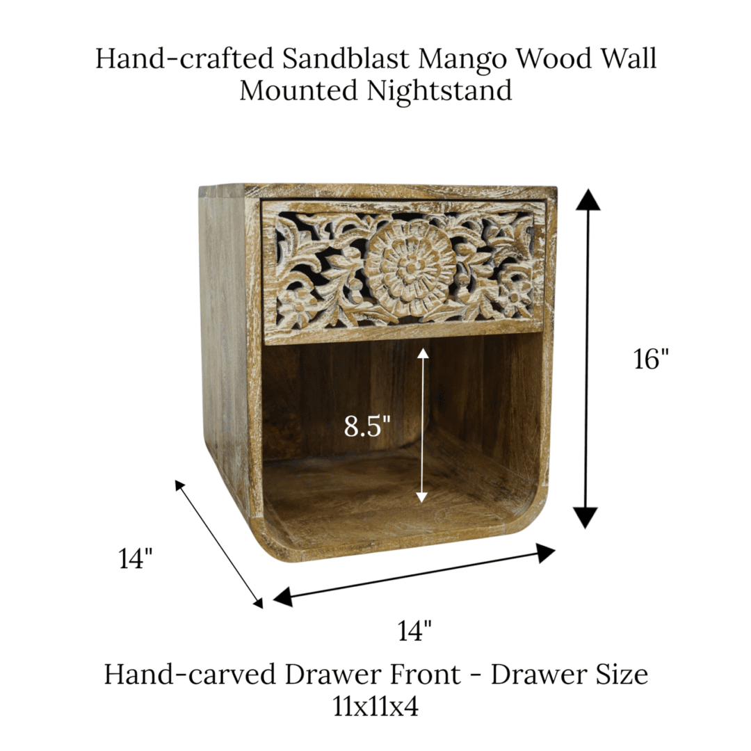 Hand Carved Mango Wood Wall Mounted Nightstand Natural Wood image 7