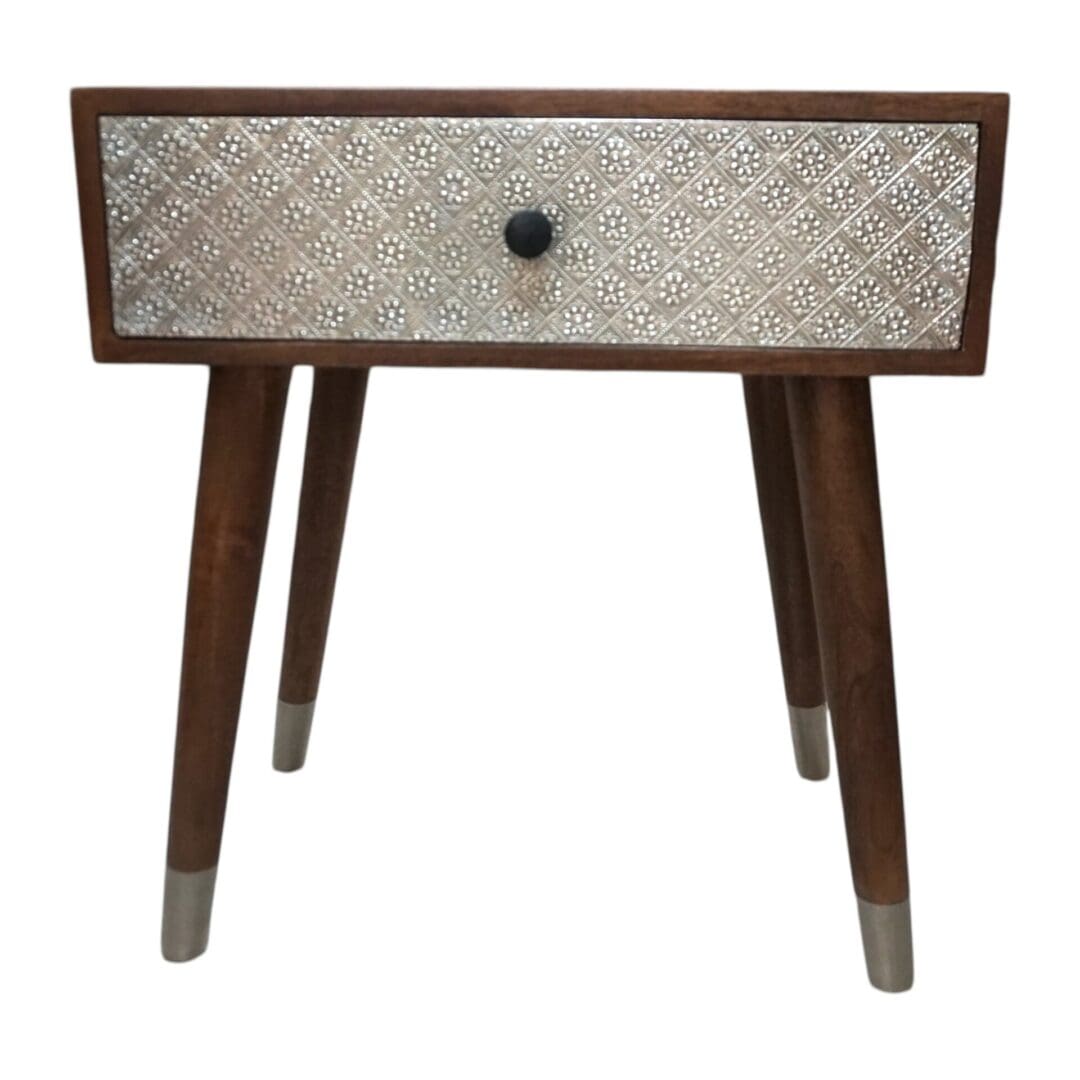 Hand Crafted Solid Wood Side Table with Metal Embossed Drawer image 4