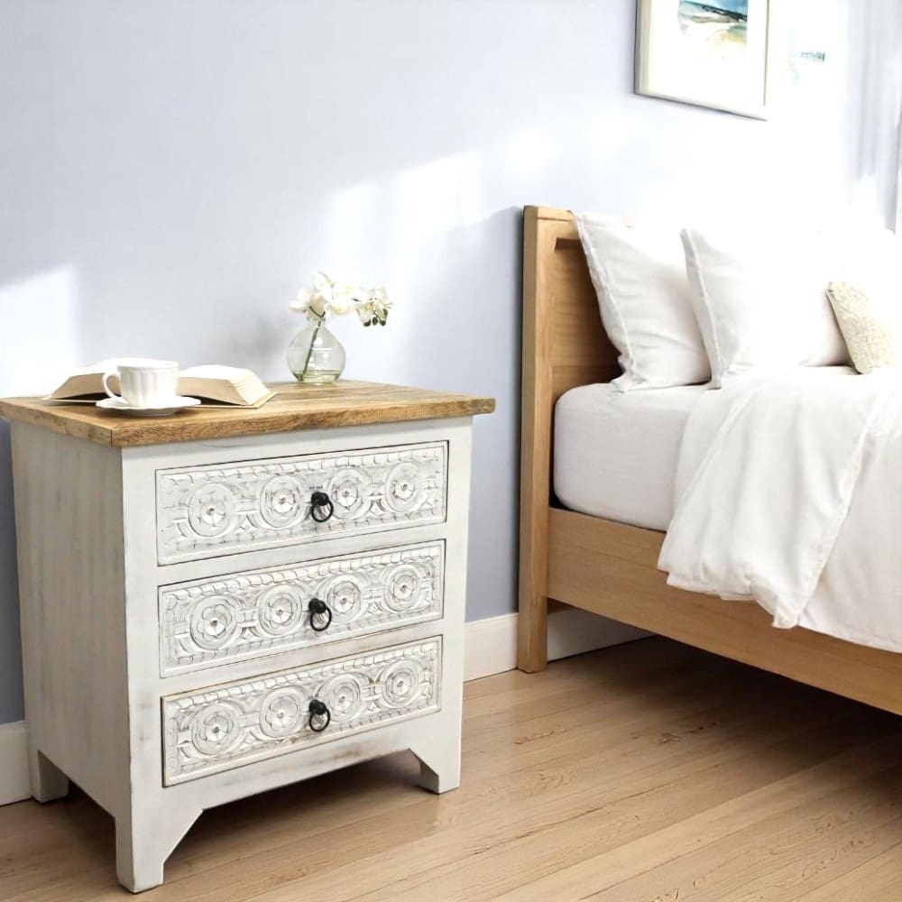 3-Drawer Natural/Whitewashed Side Table/Nightstand image 2