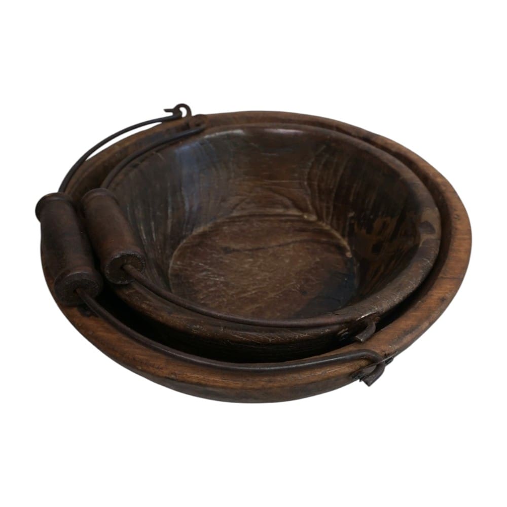 Vintage Wooden Bowls with a Handle Set of 2 image 8