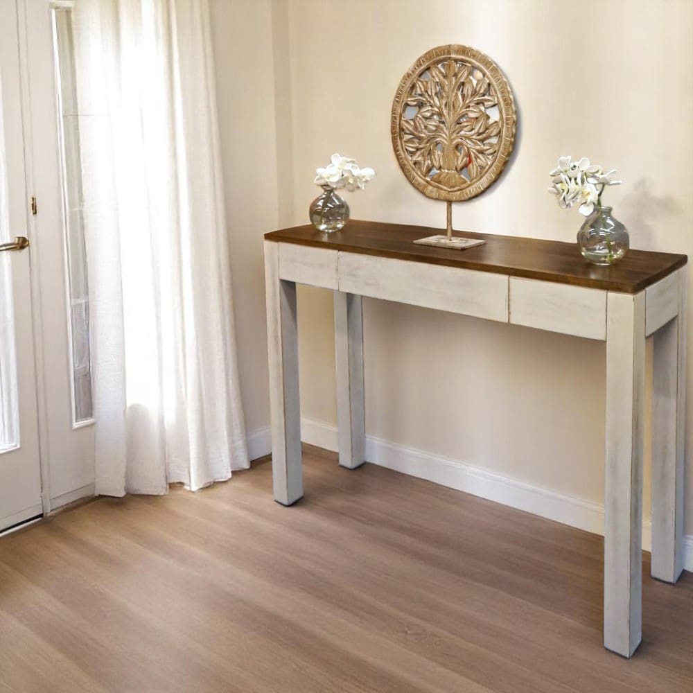 Mango Wood Console Table with Hidden Drawer Whitewashed image 1