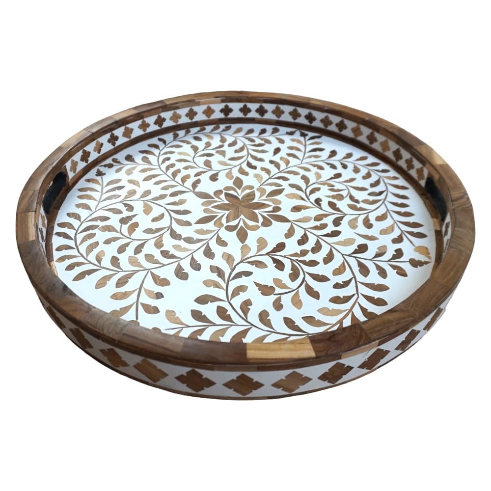 Round Decorative Teak Inlay Serving Tray image 3