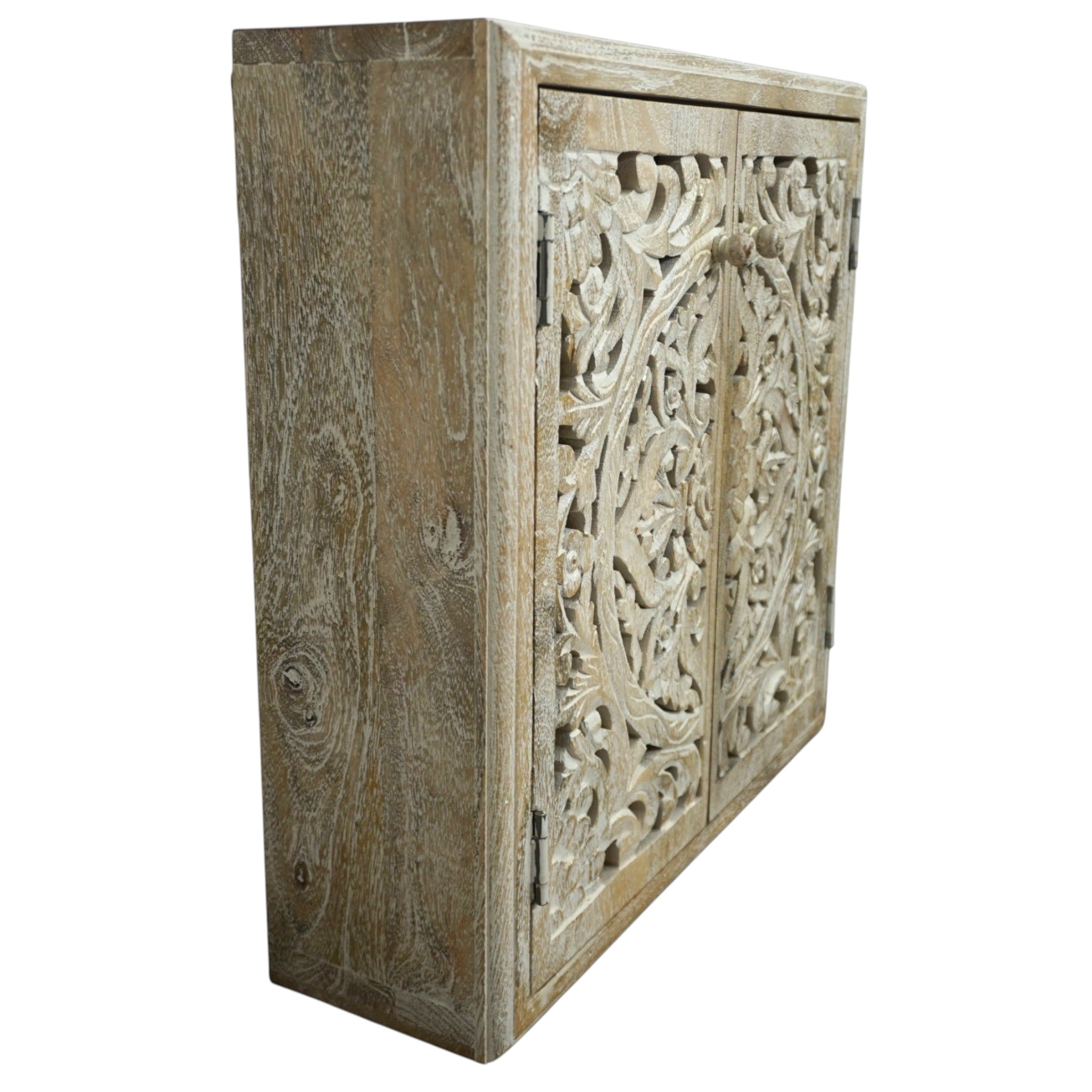 Handcrafted Mango Wood Bathroom Medicine Cabinet | Hand-Carved Cutout Doors