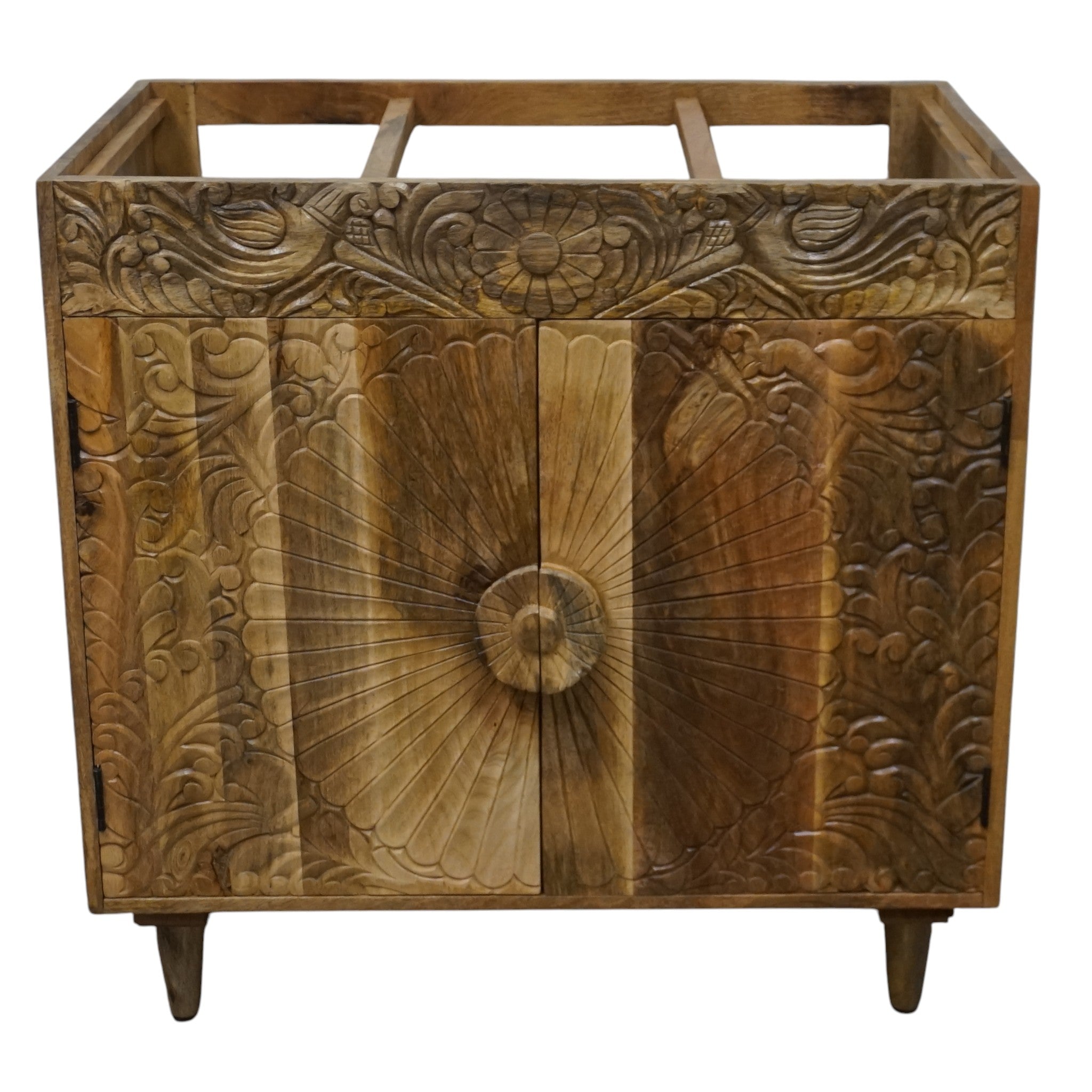 Natural Wood Bathroom Vanity Hand-Carved with Marble Top and Basin