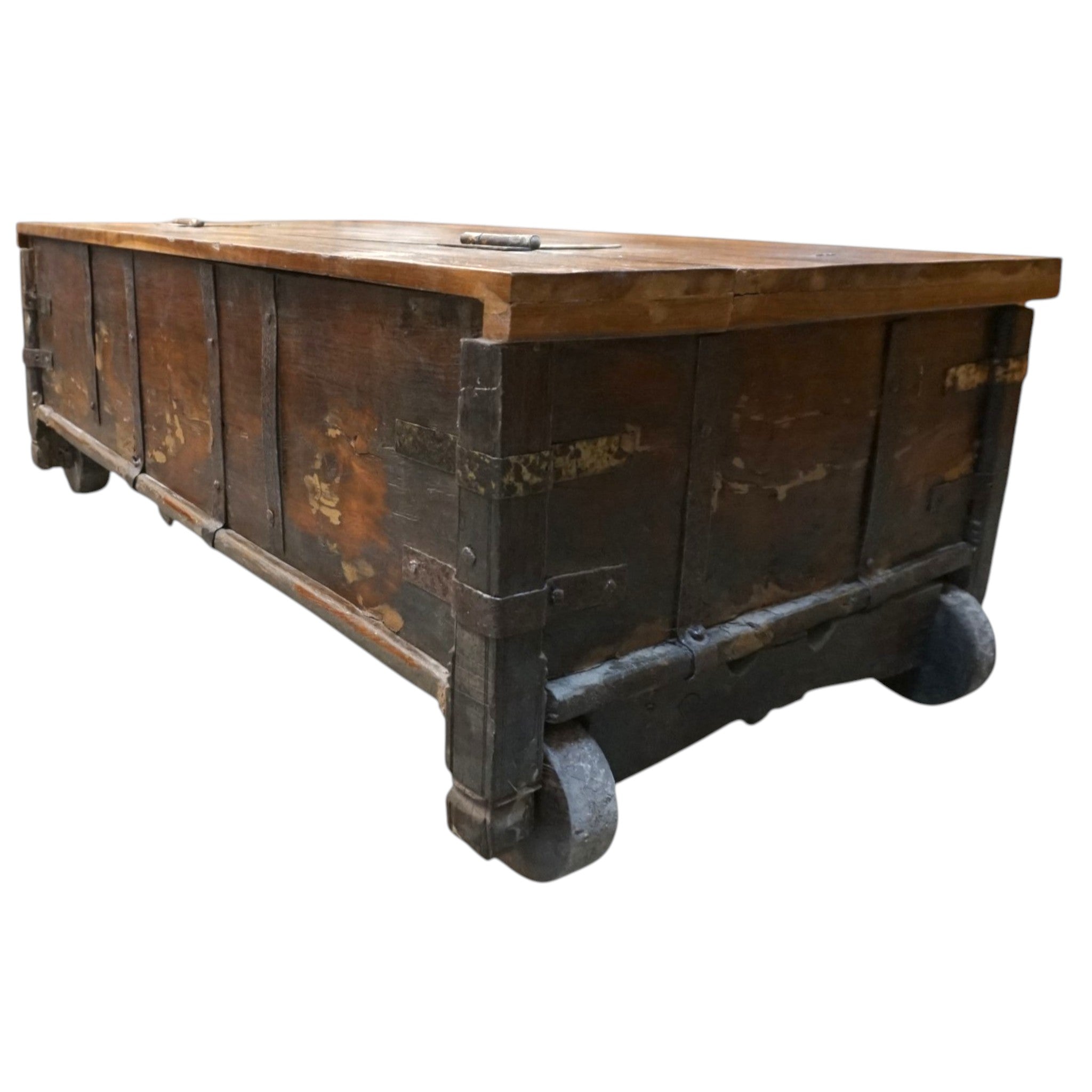 Handcrafted Large Reclaimed Wood Trunk Coffee Table | Storage & Wooden Wheels