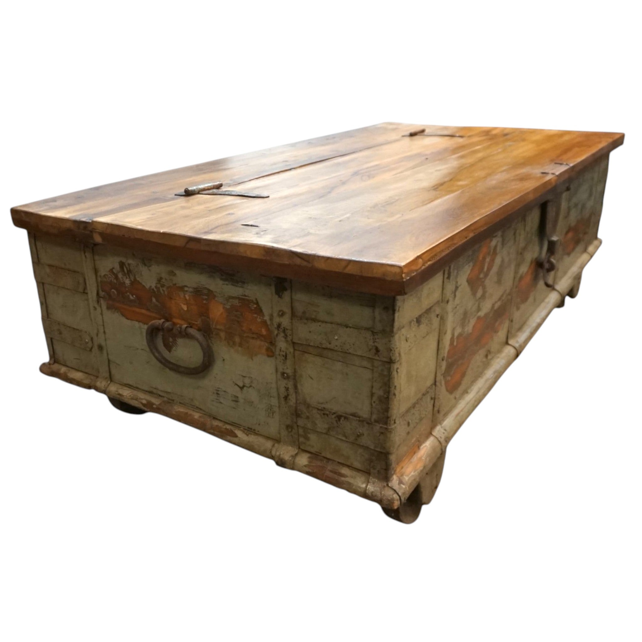 Handcrafted Large Reclaimed Wood Trunk Coffee Table | Storage & Wooden Wheels