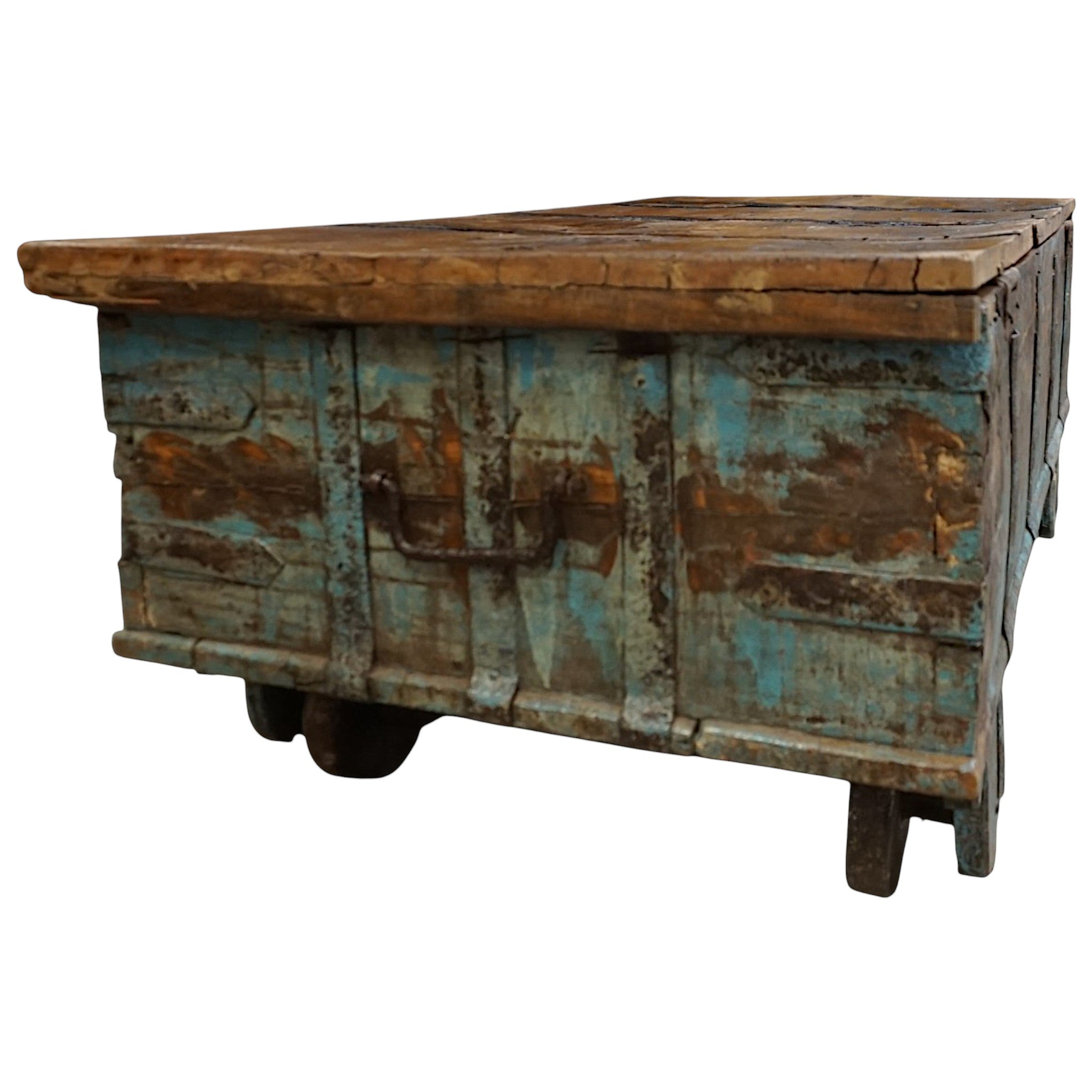 Handcrafted Large Reclaimed Wood Trunk Coffee Table | Storage & Wooden Wheels