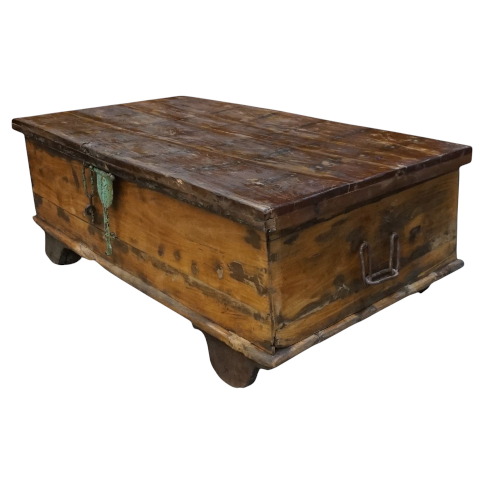 Handcrafted Large Reclaimed Wood Trunk Coffee Table | Storage & Wooden Wheels