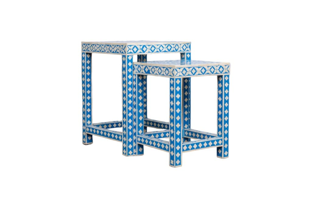 Bone Inlay Nesting Tables Set of 2 in Blue and White image 3