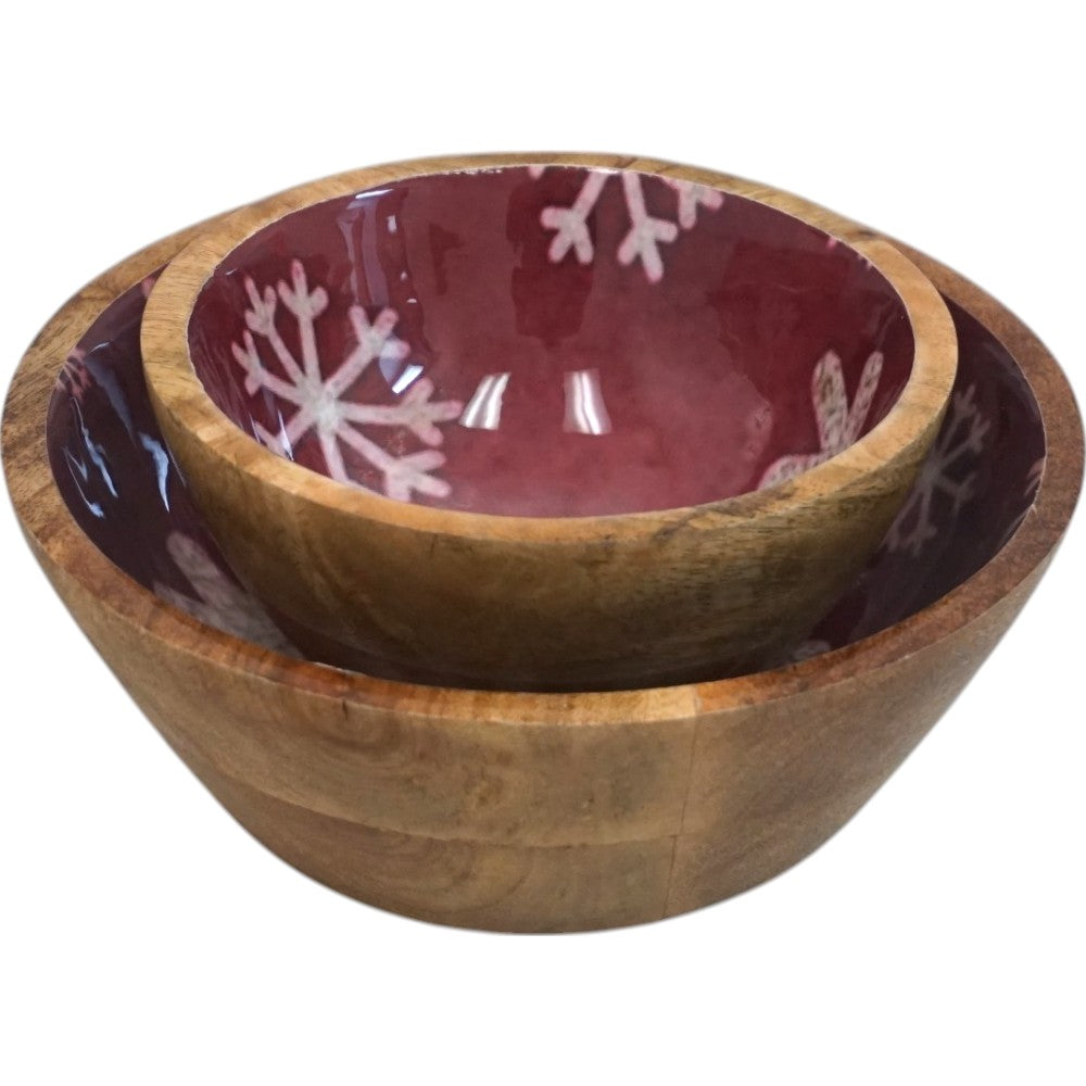 Set of 2 Winter Bowls in Natural Wood with Red and White Enamel image 1