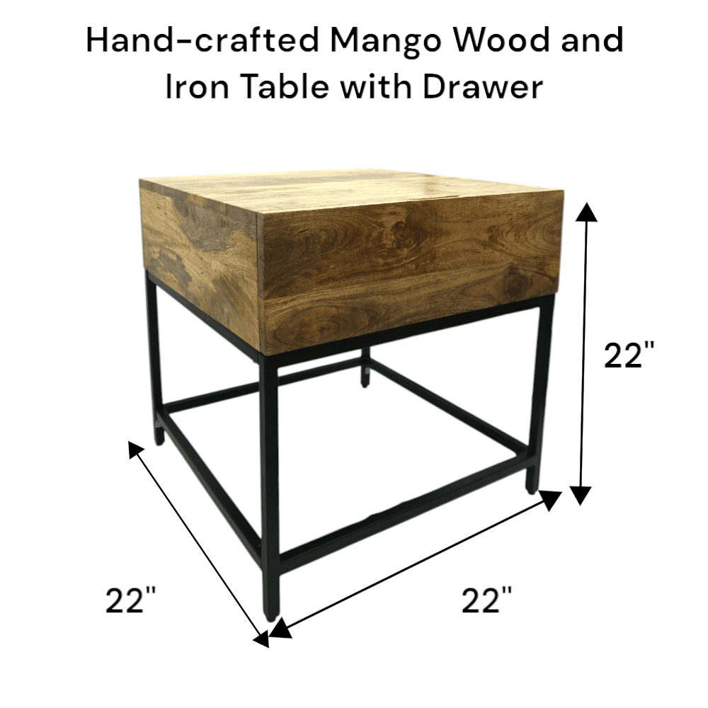 Hand-crafted Square Mango Wood Side Table with Drawer image 9