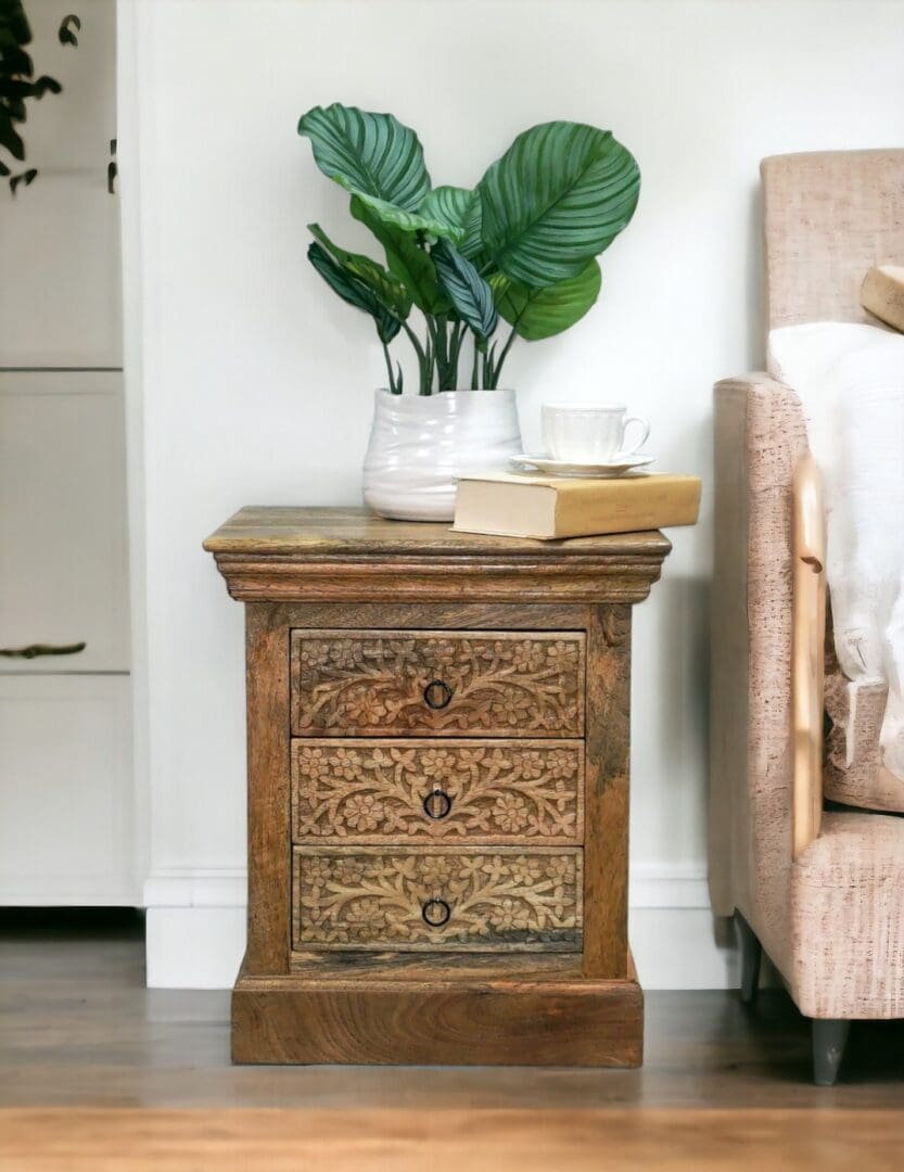 Natural Wood Nightstand Intricate Hand Carved 3 Drawers image 0