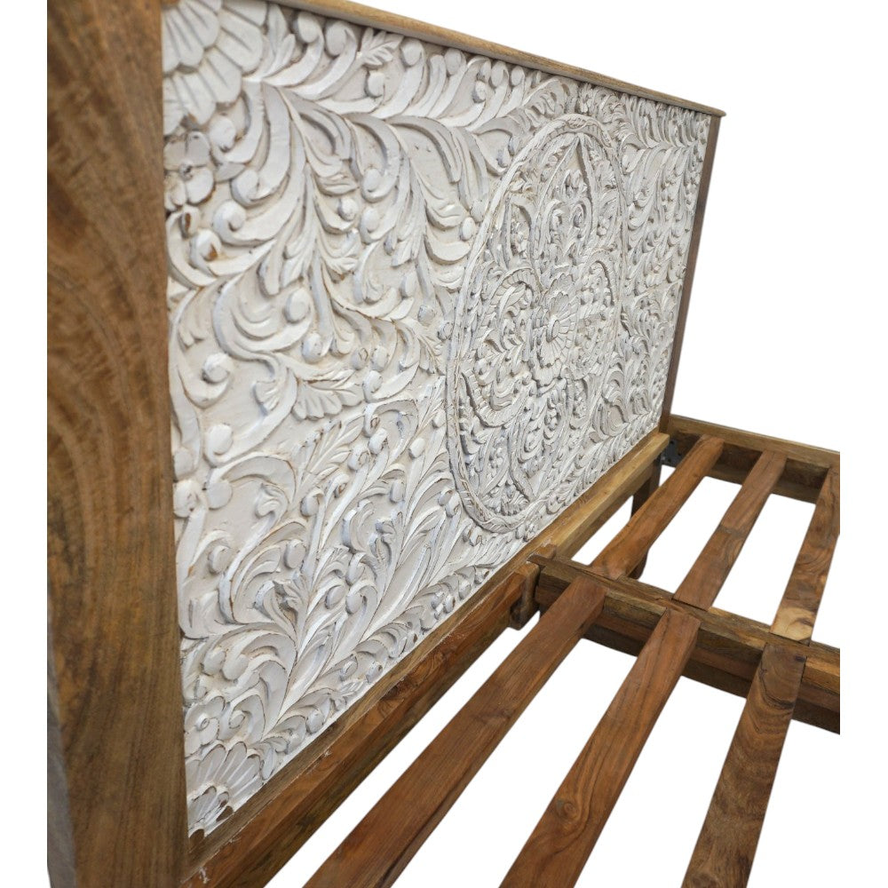 Hand-Carved King Bedframe Natural Whitewash Floral image 6