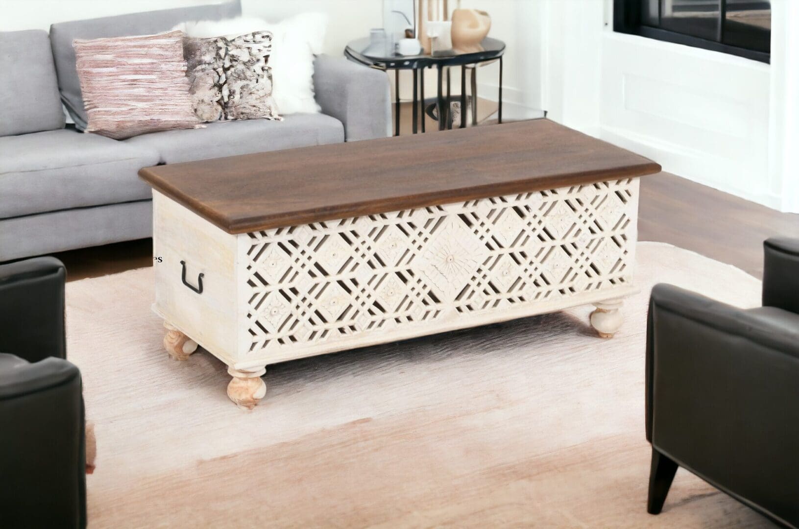 Hand-Carved Geometric Cut-Out Bench Trunk image 0