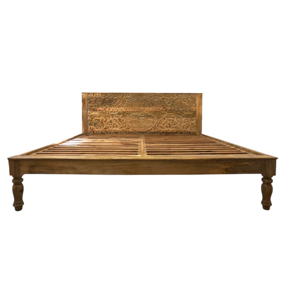 Hand-Carved Queen Bedframe Natural Floral image 1