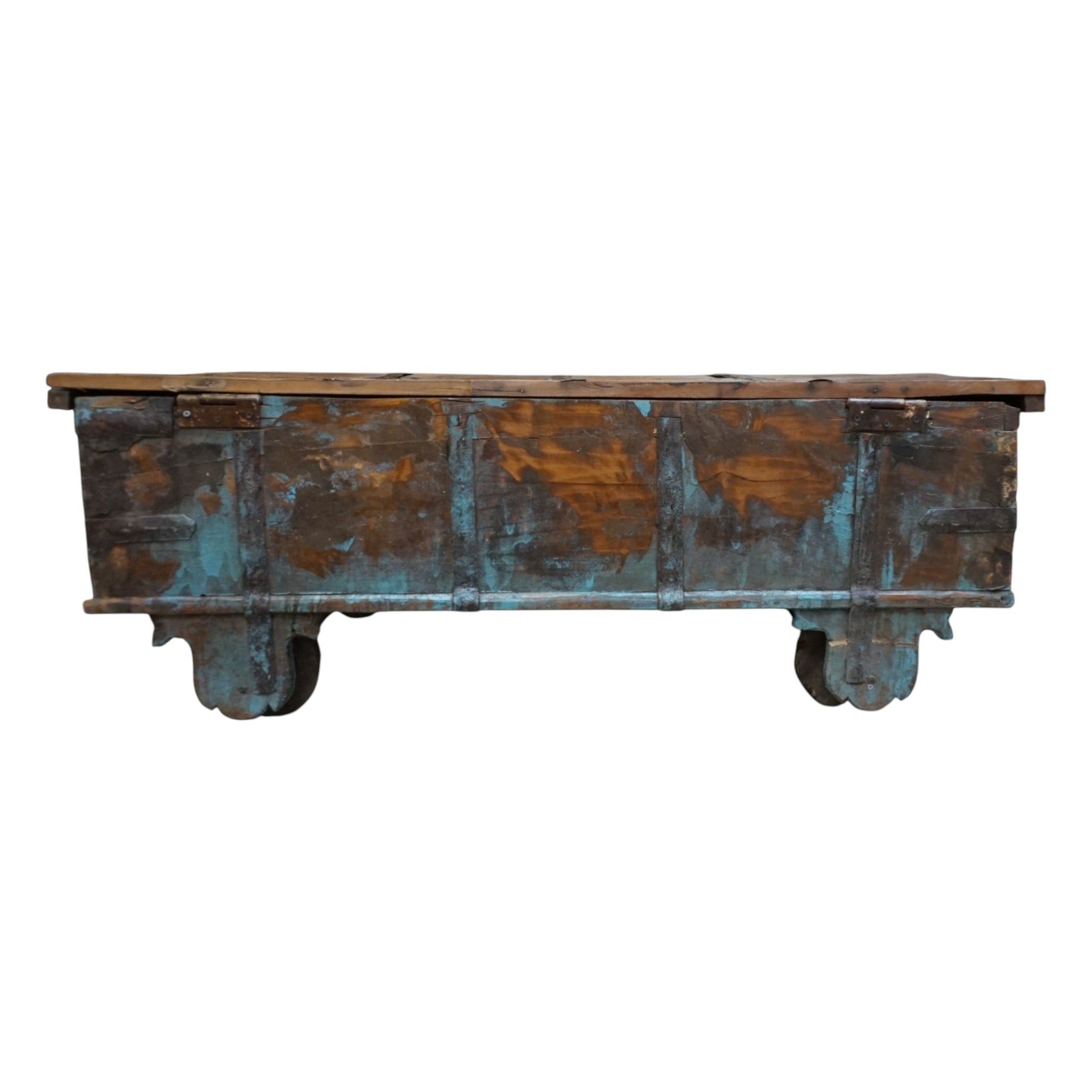 Handcrafted Large Reclaimed Wood Trunk Coffee Table | Storage & Wooden Wheels