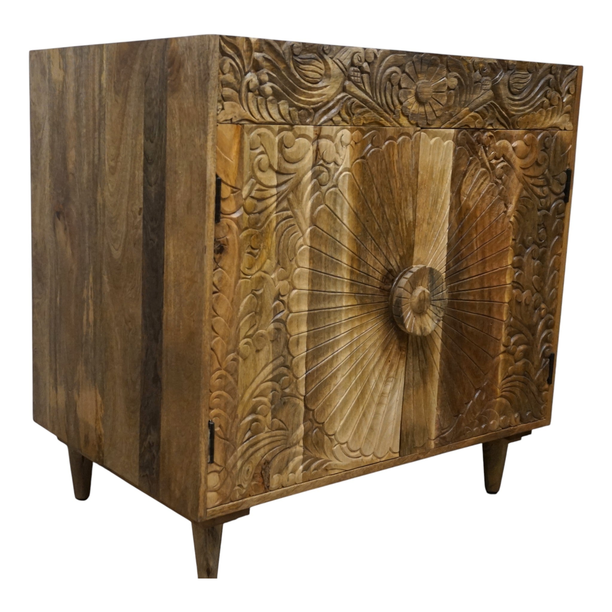 Natural Wood Bathroom Vanity Hand-Carved with Marble Top and Basin