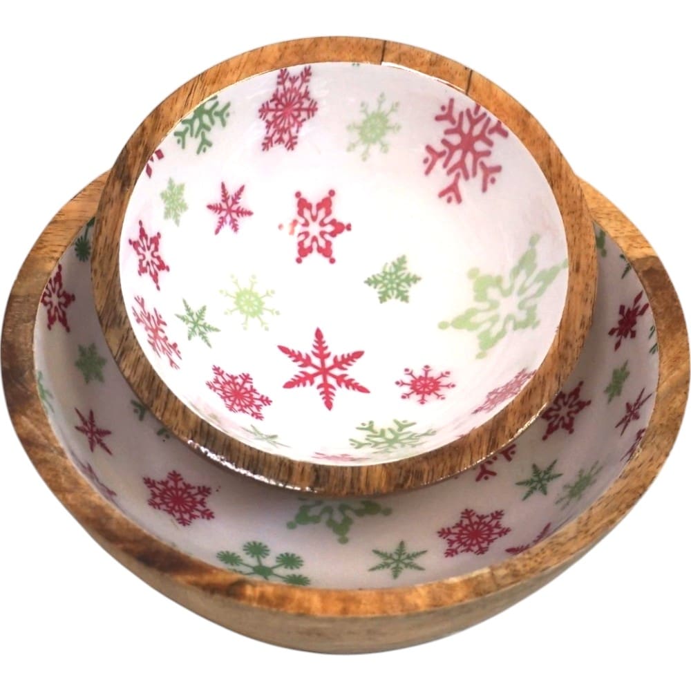 Set of 2 Winter Bowls in Natural Wood with White Enamel image 3